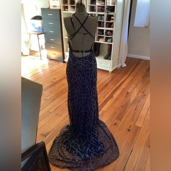 JASZ COUTURE 6 BLUE PLUNGING V NECK BEADED HIGH SLIT PROM PAGEANT FORMAL GOWN - Picture 6 of 10